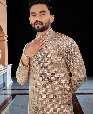 Peach  chikankari embroidered   men's  viscose rayon kurta 2
