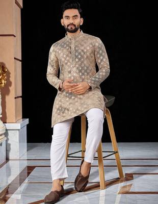 Peach  chikankari embroidered   men's  viscose rayon kurta 3