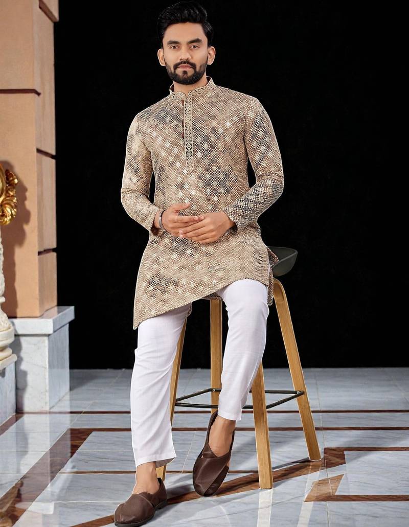 Peach  chikankari embroidered   men's  viscose rayon kurta