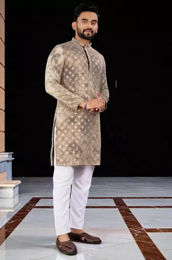 Peach  chikankari embroidered   men's  viscose rayon kurta