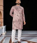 Pink  chikankari embroidered   men's  viscose rayon kurta