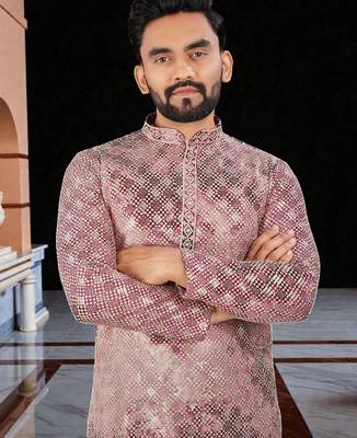 Pink  chikankari embroidered   men's  viscose rayon kurta 2