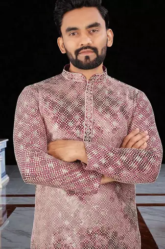 Pink  chikankari embroidered   men's  viscose rayon kurta