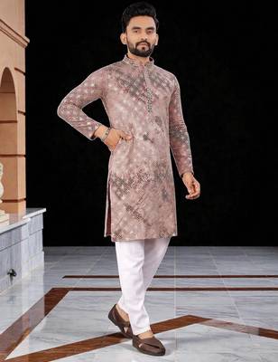 Pink  chikankari embroidered   men's  viscose rayon kurta 4