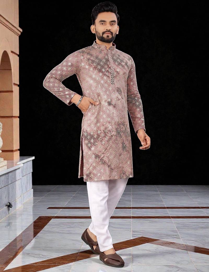 Pink  chikankari embroidered   men's  viscose rayon kurta