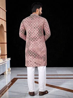 Pink  chikankari embroidered   men's  viscose rayon kurta 5