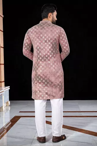 Pink  chikankari embroidered   men's  viscose rayon kurta