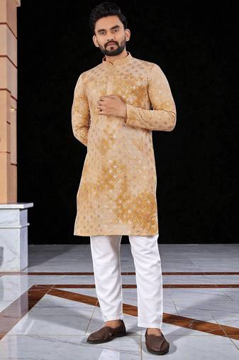 Yellow  chikankari embroidered   men's  viscose rayon kurta