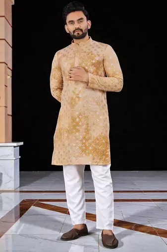 Yellow  chikankari embroidered   men's  viscose rayon kurta