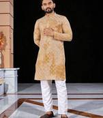 Yellow  chikankari embroidered   men's  viscose rayon kurta