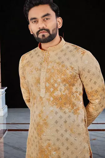Yellow  chikankari embroidered   men's  viscose rayon kurta