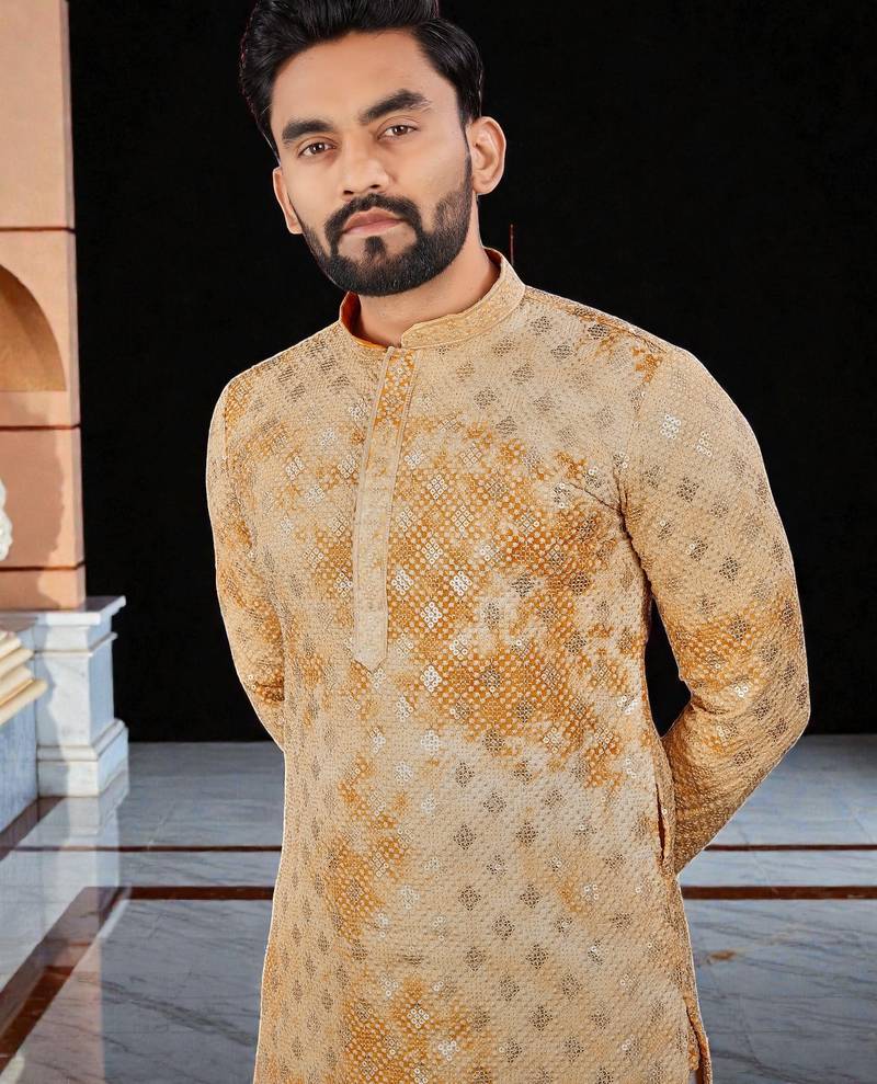 Yellow  chikankari embroidered   men's  viscose rayon kurta
