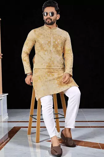 Yellow  chikankari embroidered   men's  viscose rayon kurta