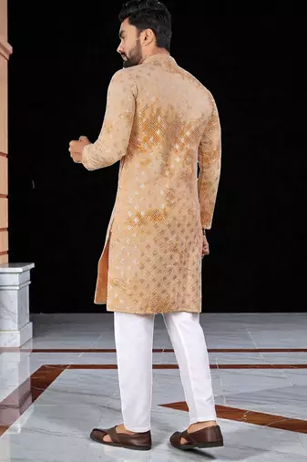 Yellow  chikankari embroidered   men's  viscose rayon kurta