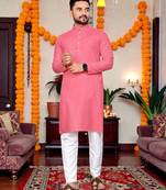  baby pink plain cotton blend  men's  kurta