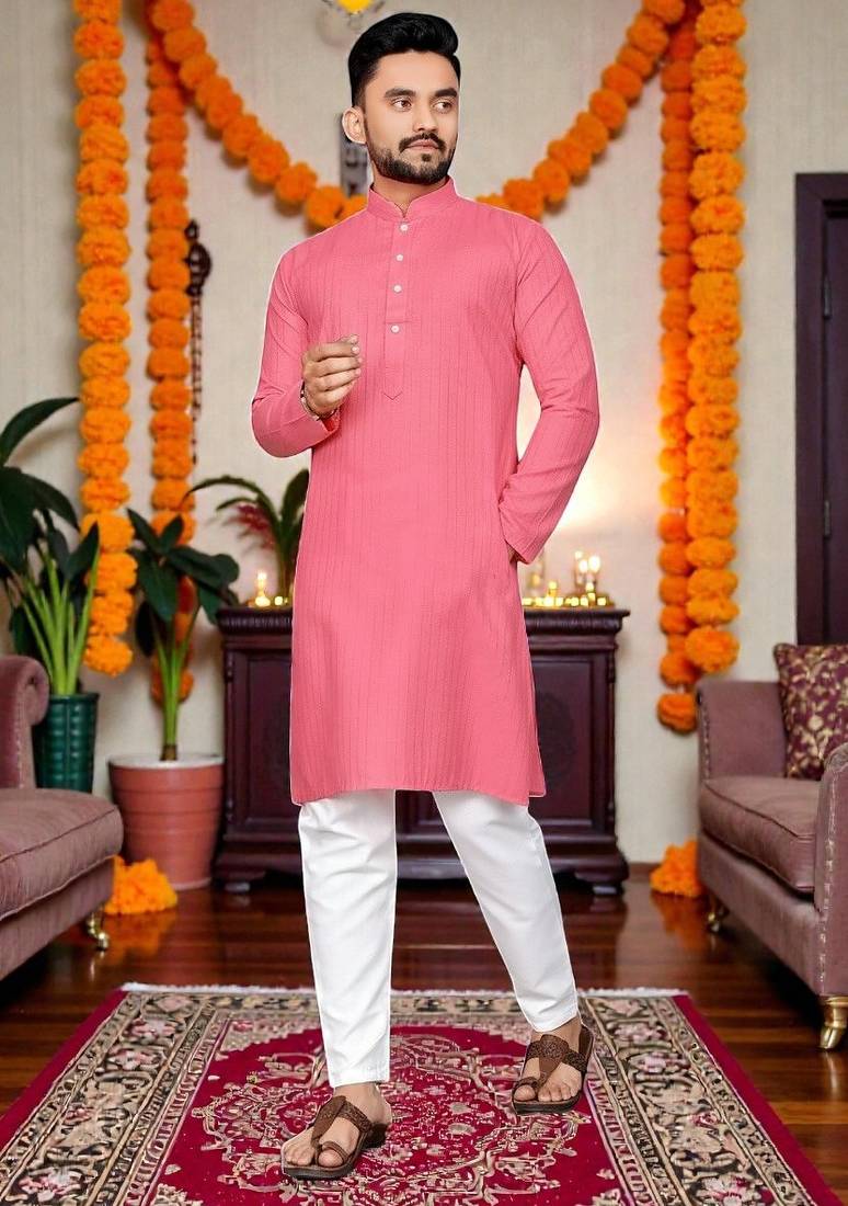  baby pink plain cotton blend  men's  kurta