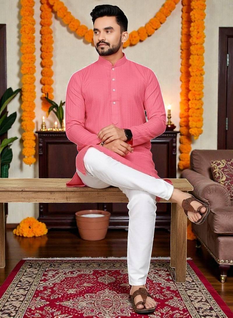  baby pink plain cotton blend  men's  kurta