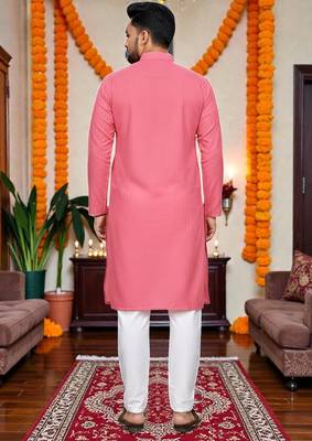  baby pink plain cotton blend  men's  kurta 4