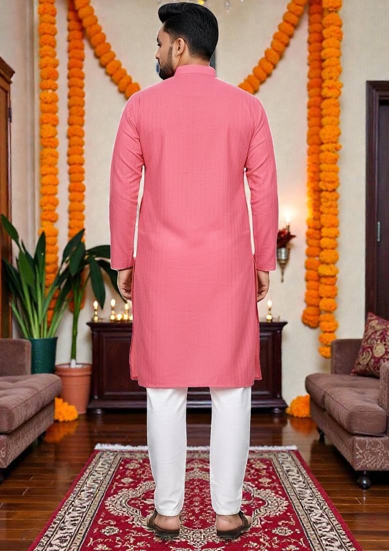  baby pink plain cotton blend  men's  kurta