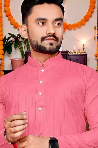  baby pink plain cotton blend  men's  kurta