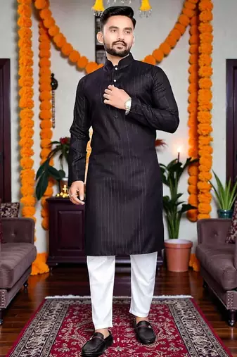  black plain cotton blend  men's  kurta