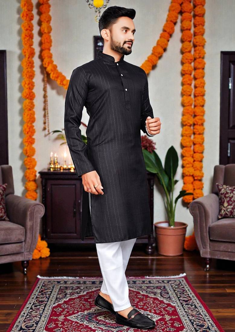 black plain cotton blend  men's  kurta