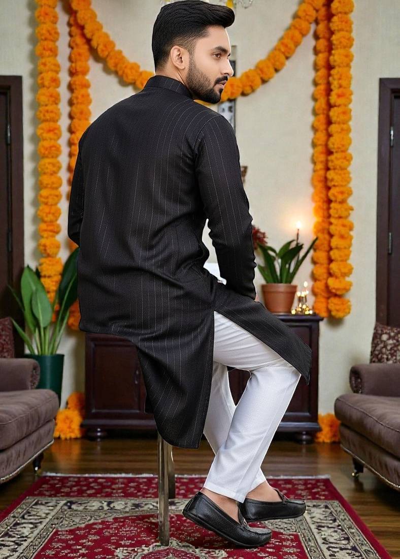 black plain cotton blend  men's  kurta