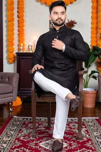  black plain cotton blend  men's  kurta