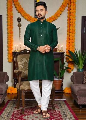  dark green plain cotton blend  men's  kurta 1