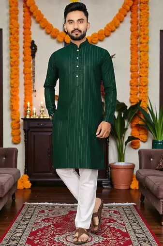  dark green plain cotton blend  men's  kurta