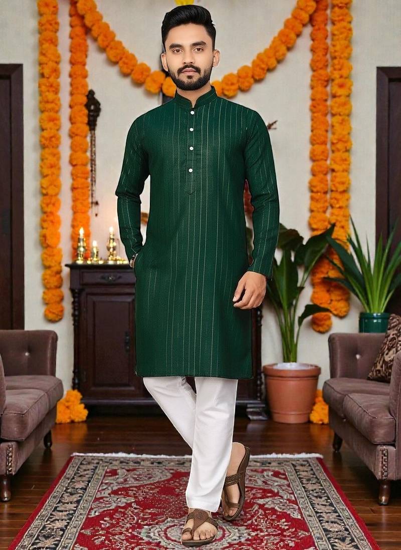  dark green plain cotton blend  men's  kurta