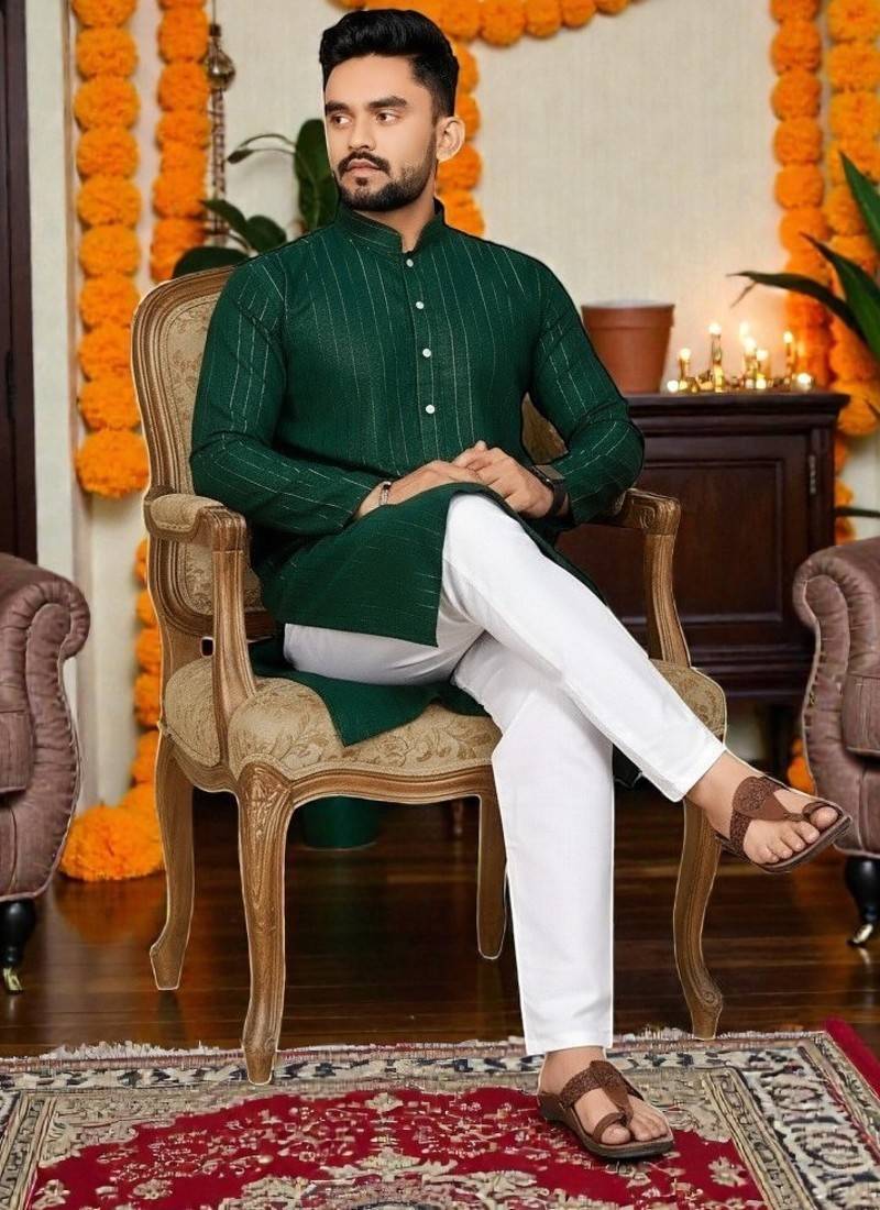  dark green plain cotton blend  men's  kurta