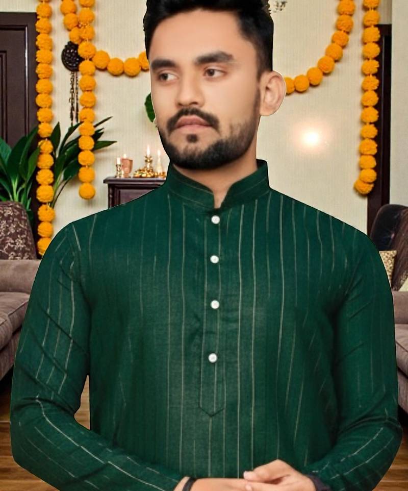  dark green plain cotton blend  men's  kurta