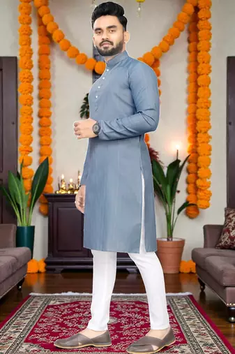  grey plain cotton blend  men's  kurta