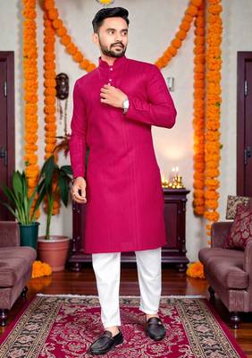  rani pink plain cotton blend  men's  kurta 1