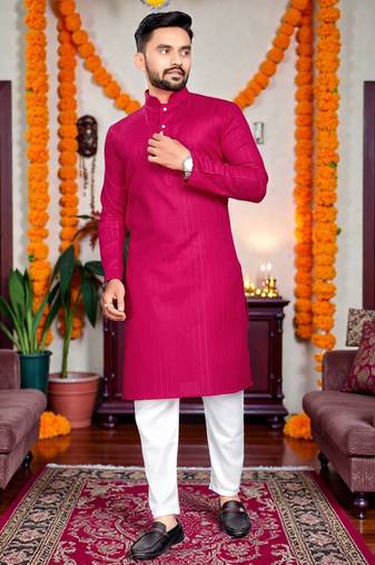  rani pink plain cotton blend  men's  kurta