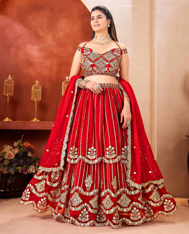 Red Sequins and Codding Embroidery Work  Lehenga Choli for wedding party wear