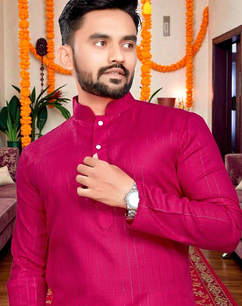  rani pink plain cotton blend  men's  kurta