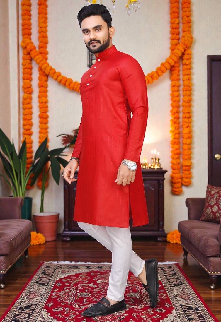  red plain cotton blend  men's  kurta