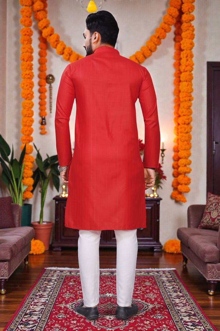  red plain cotton blend  men's  kurta