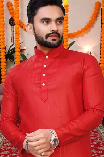  red plain cotton blend  men's  kurta