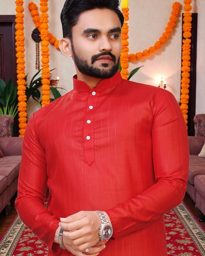  red plain cotton blend  men's  kurta