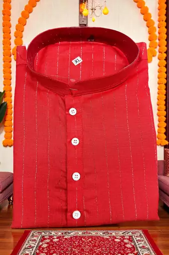  red plain cotton blend  men's  kurta