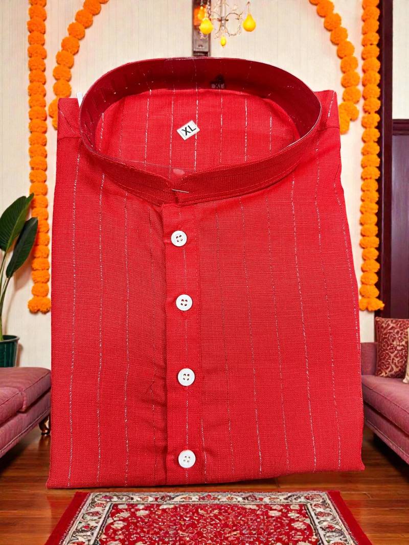  red plain cotton blend  men's  kurta