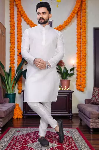  white plain cotton blend  men's  kurta