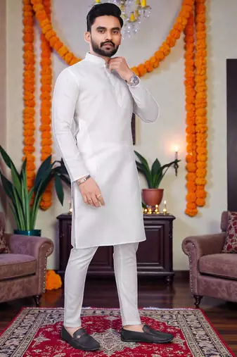  white plain cotton blend  men's  kurta
