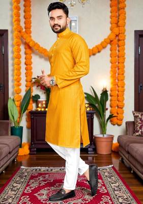 yellow plain cotton blend  men's  kurta 1