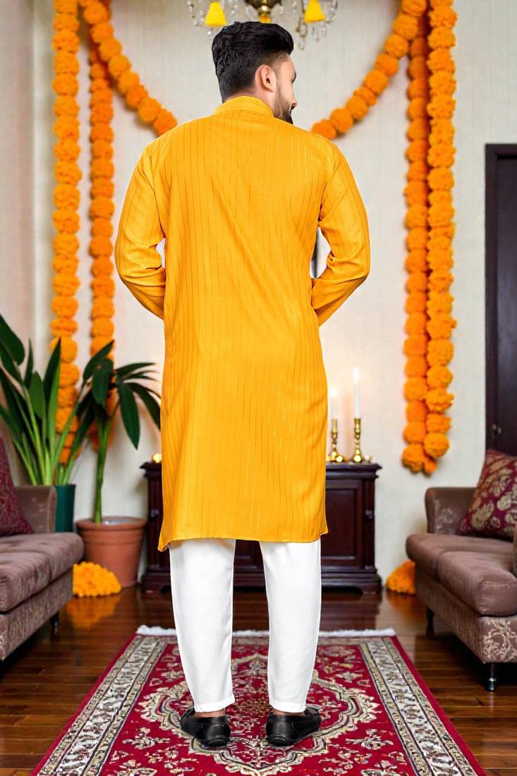  yellow plain cotton blend  men's  kurta