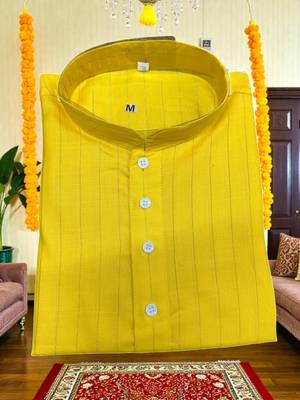  yellow plain cotton blend  men's  kurta 4