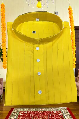  yellow plain cotton blend  men's  kurta
